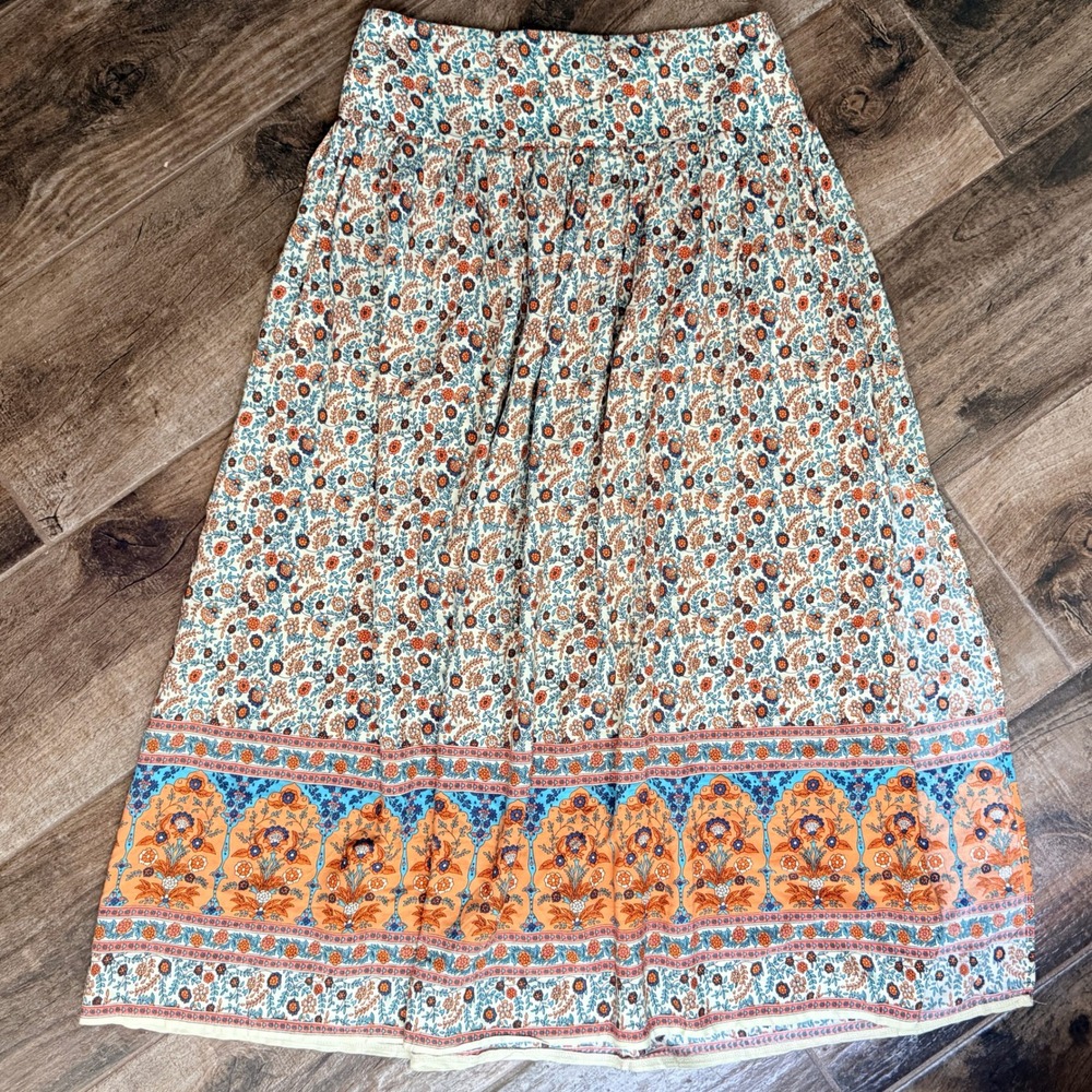 Natural Life Womens Addie Floral Border Smocked Midi Skirt,Cream Orange, L